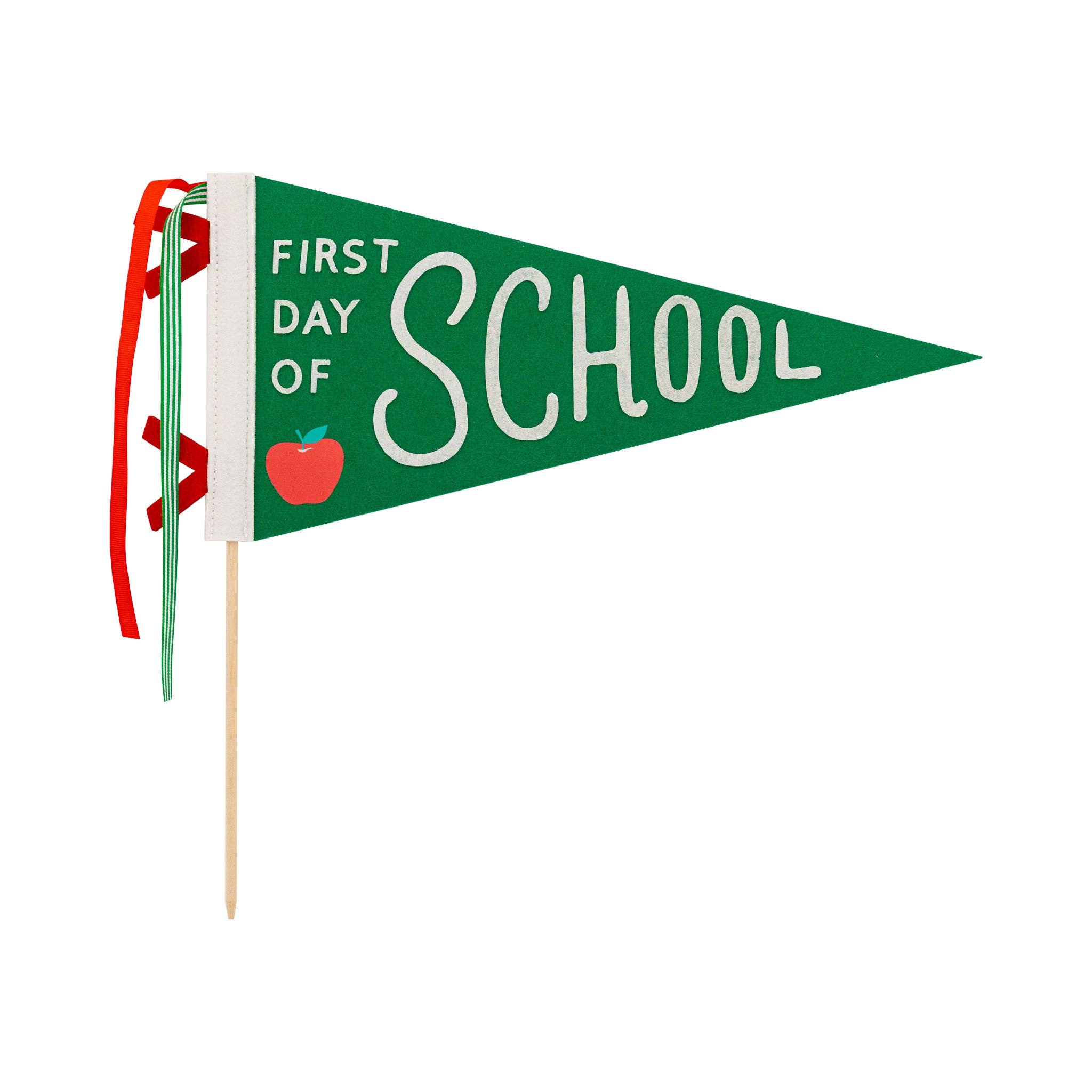 Green pennant flag with 'First Day of School' text and red apple on a white background