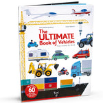 Cover of The Ultimate Book of Vehicles, featuring a vibrant collage of vehicles including trucks, ships, planes, and trains, with interactive flaps and moving parts for kids to explore.