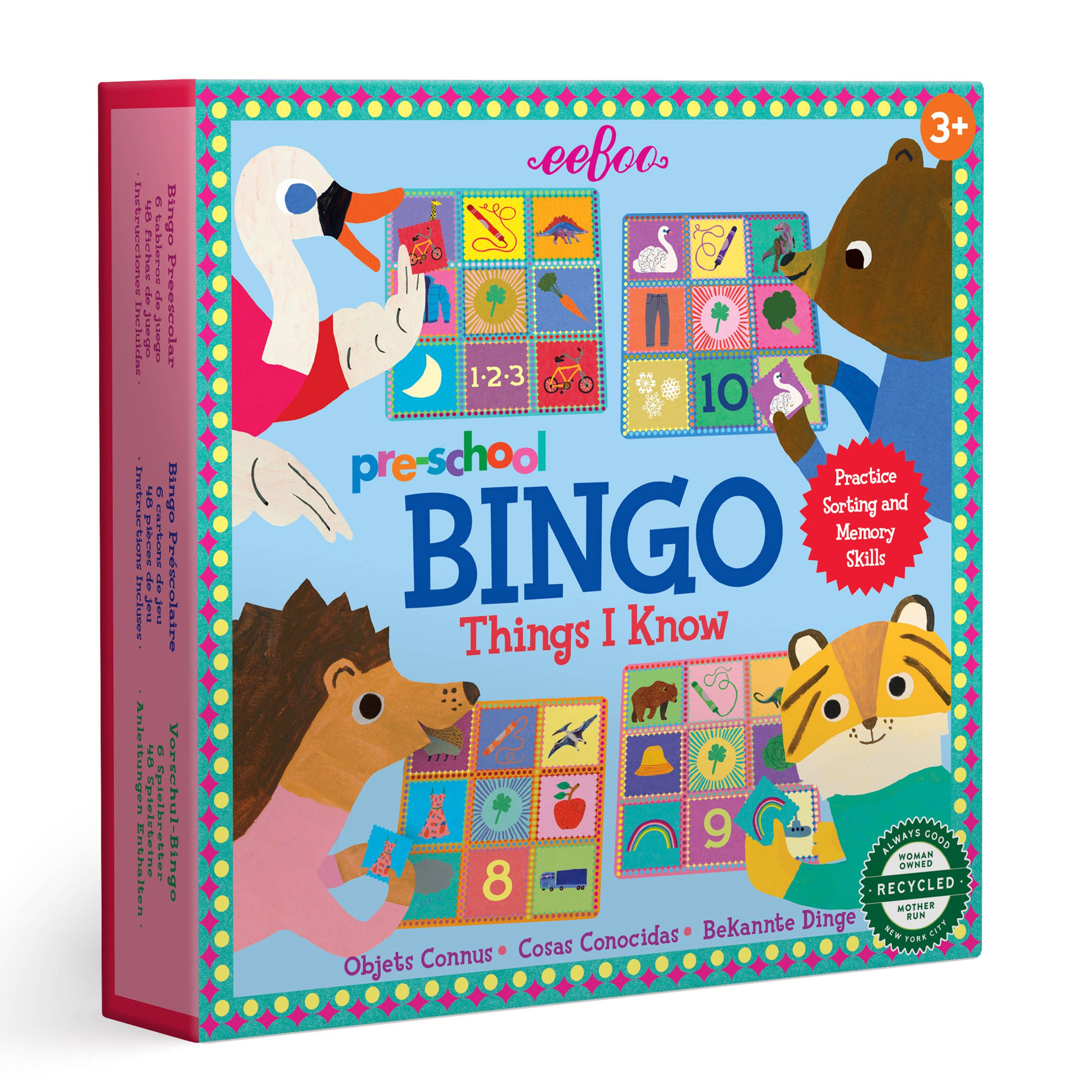 eeBoo Pre-School Bingo: Things I Know game box with colorful illustrations and educational category-themed bingo boards for young children