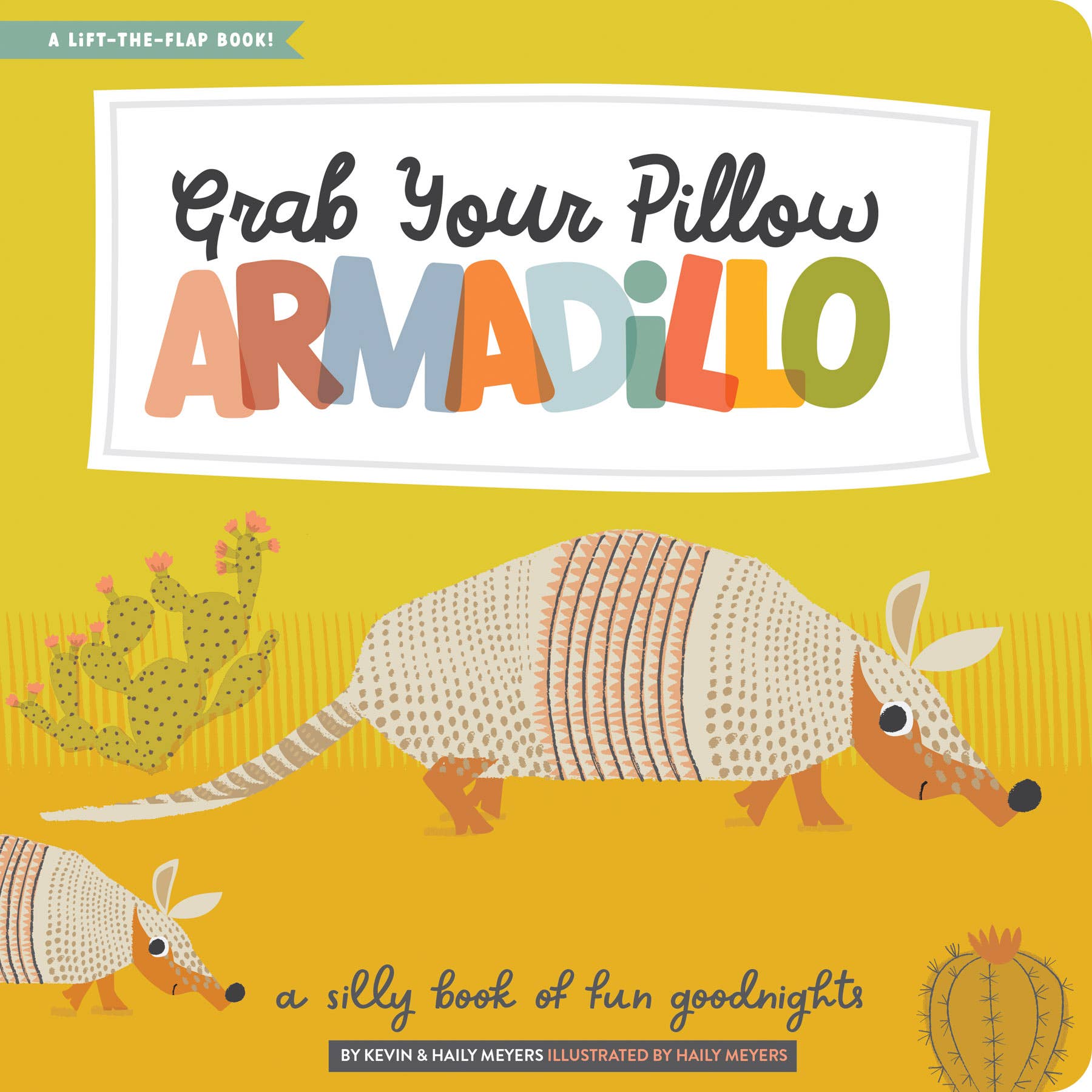 Grab Your Pillow, Armadillo board book cover showing a smiling armadillo holding a pillow against a starry bedtime background