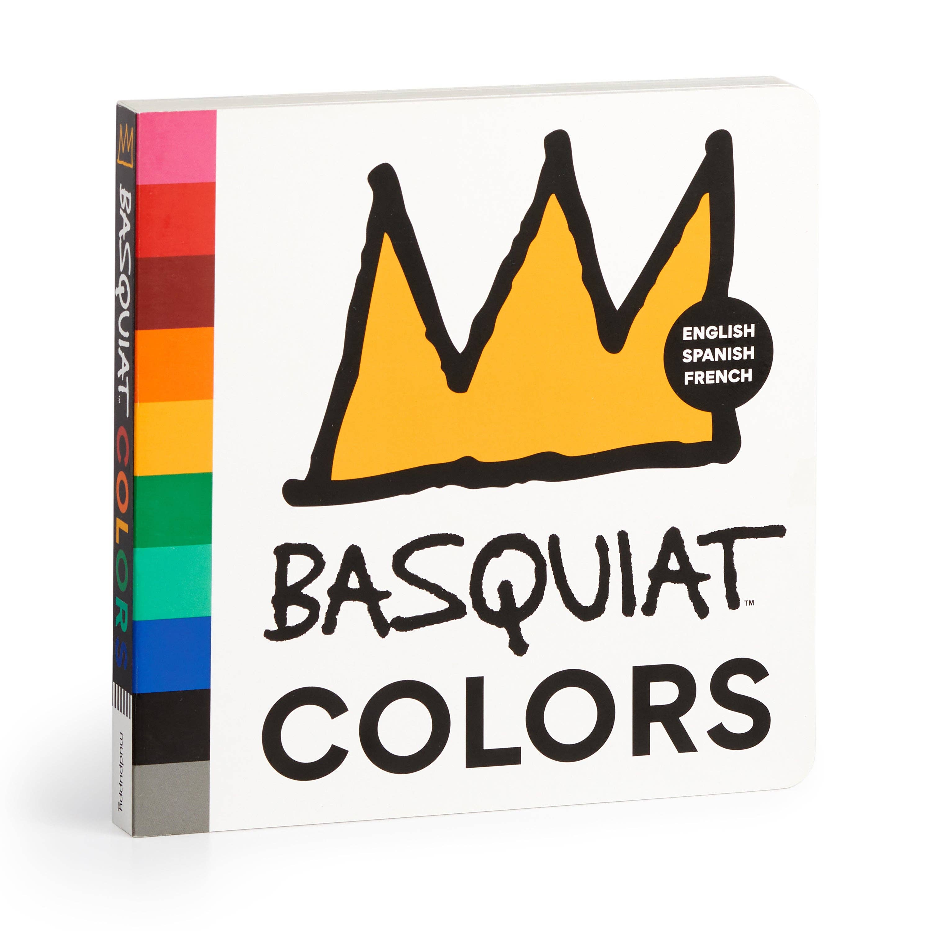 Basquiat Colors board book cover featuring bold abstract artwork and trilingual color names in English, French, and Spanish