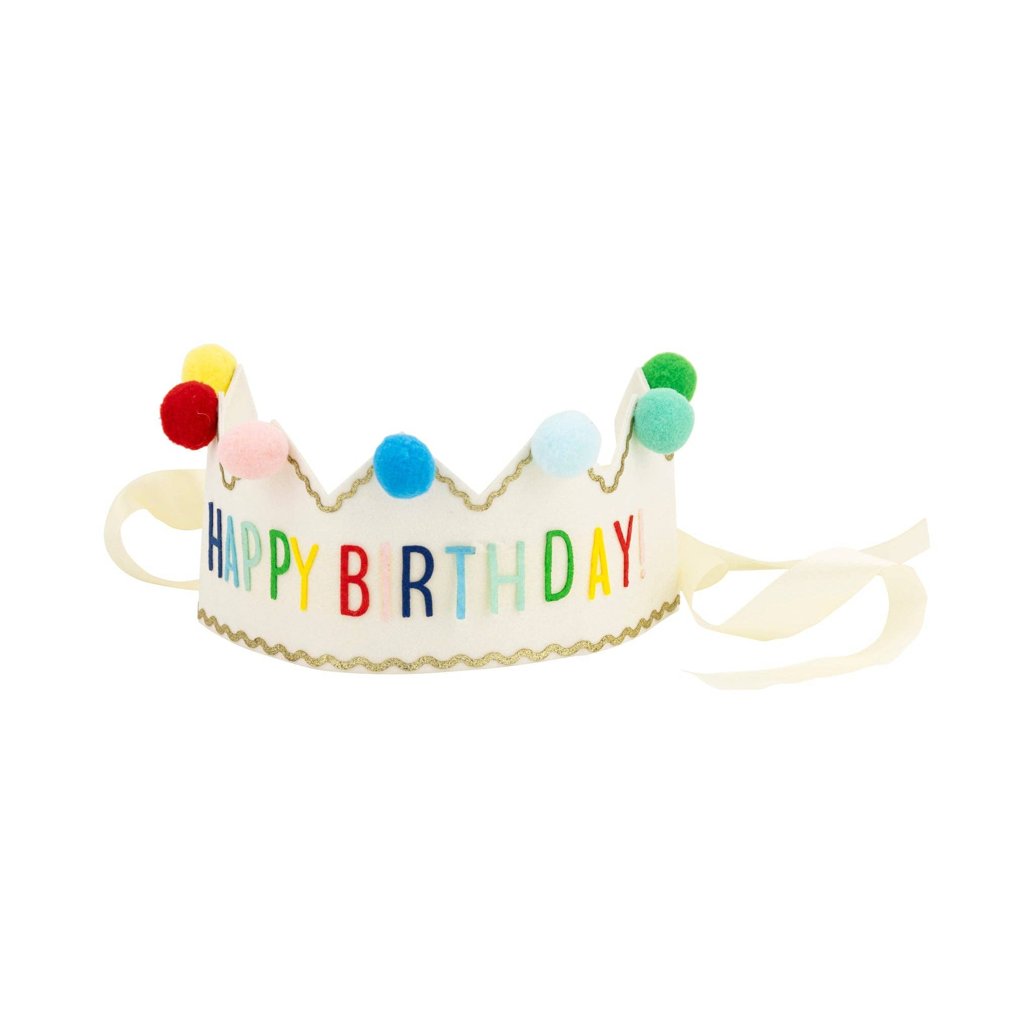 Colorful 'Happy Birthday' crown with pom-poms on a white background