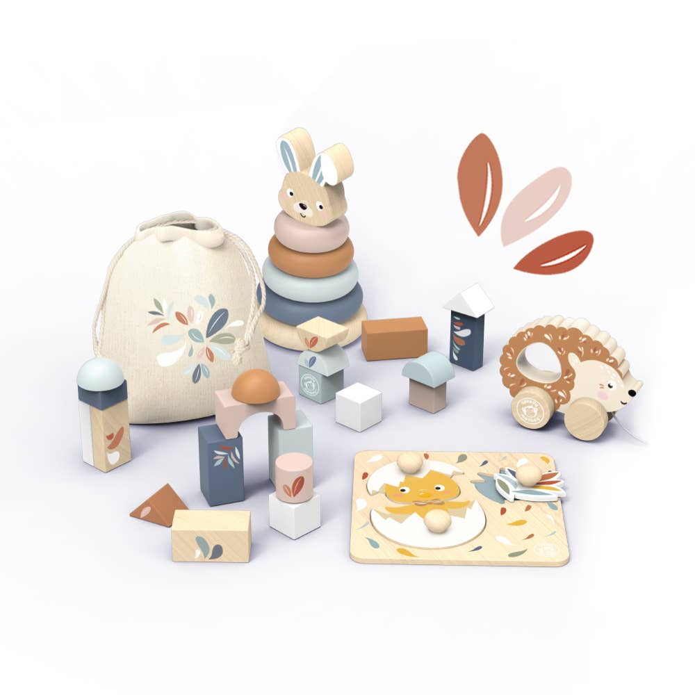 My First Toy Box featuring a wooden toy storage box filled with baby-friendly toys, including stacking rabbit, chick puzzle, pull-along hedgehog, and building blocks with pouch; made from FSC®-certified wood.