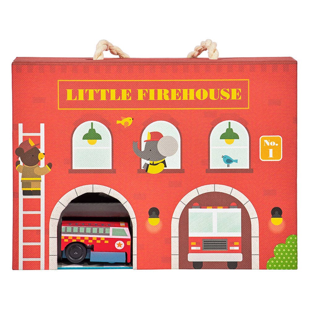 Wind-Up & Go Fire Station Play Set with wooden fire truck, track pieces, pop-out accessories, and foldable firehouse scene by Petit Collage