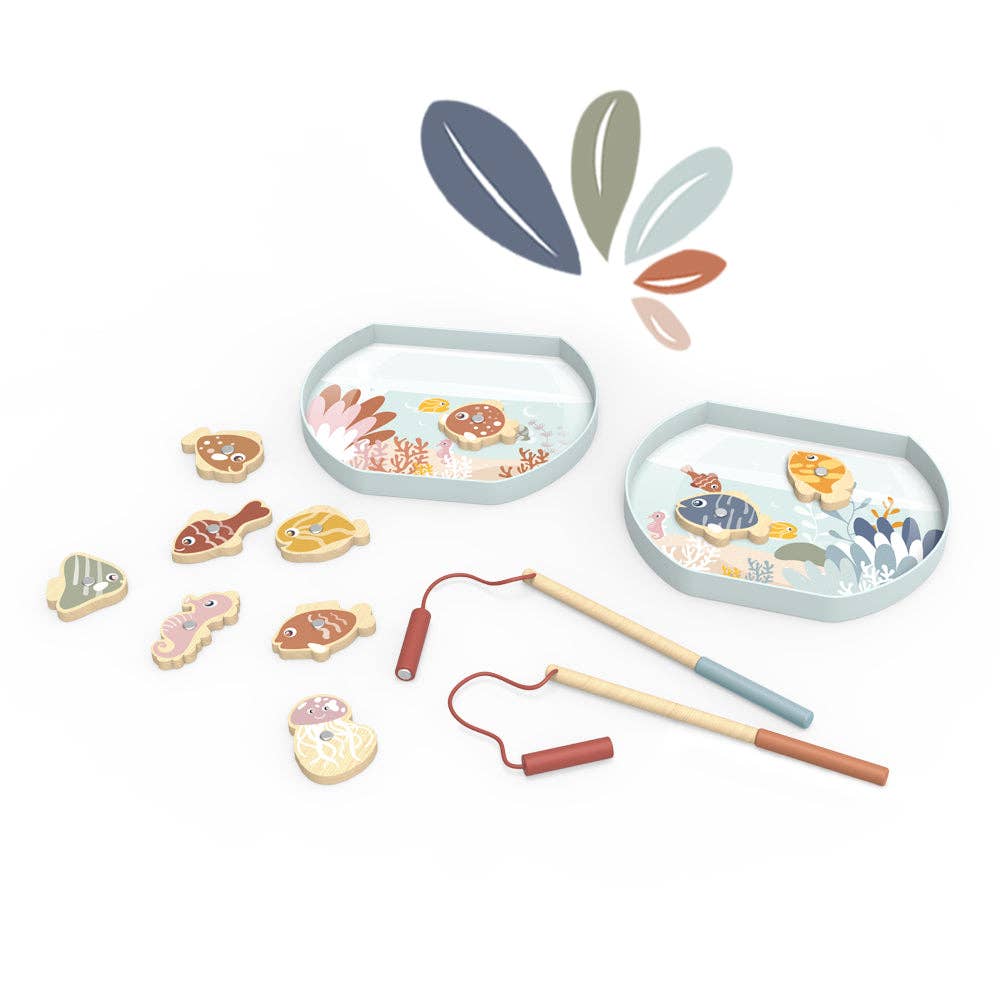 Wooden magnetic fishing game with colorful fish pieces and a magnetic fishing rod, displayed on a coordinating wooden board; made from FSC®-certified wood with non-toxic paint.
