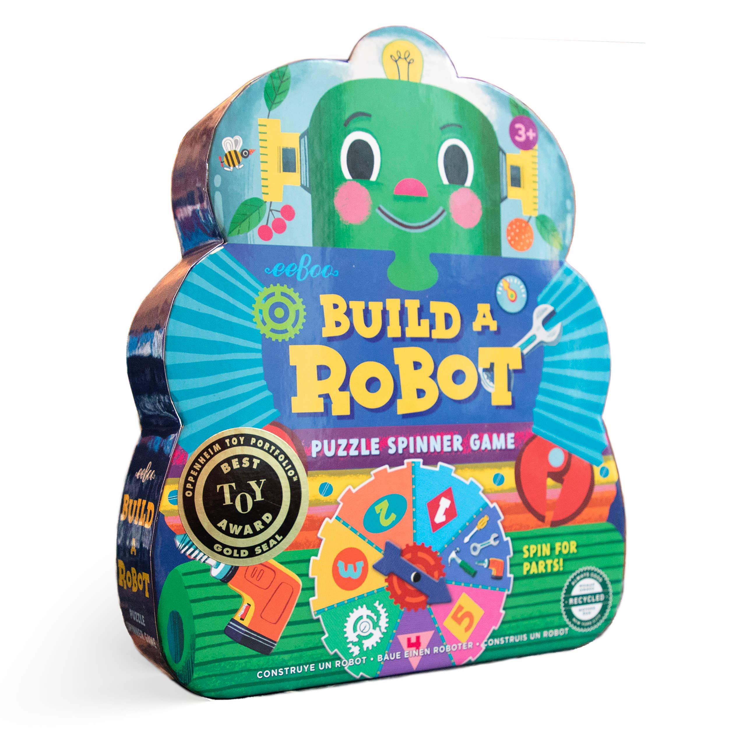 Build a Robot Spinner Game box with colorful robot illustrations and numbered parts for children to collect and assemble during gameplay