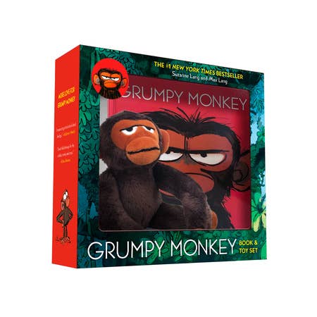 Grumpy Monkey book and plush toy gift set featuring the storybook and a soft Jim the Chimpanzee character doll in a gift-ready box