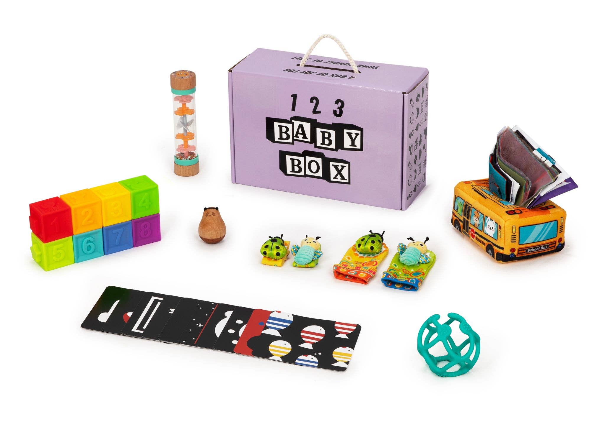 Collection of educational toys and a '123 Baby Box' on a white background