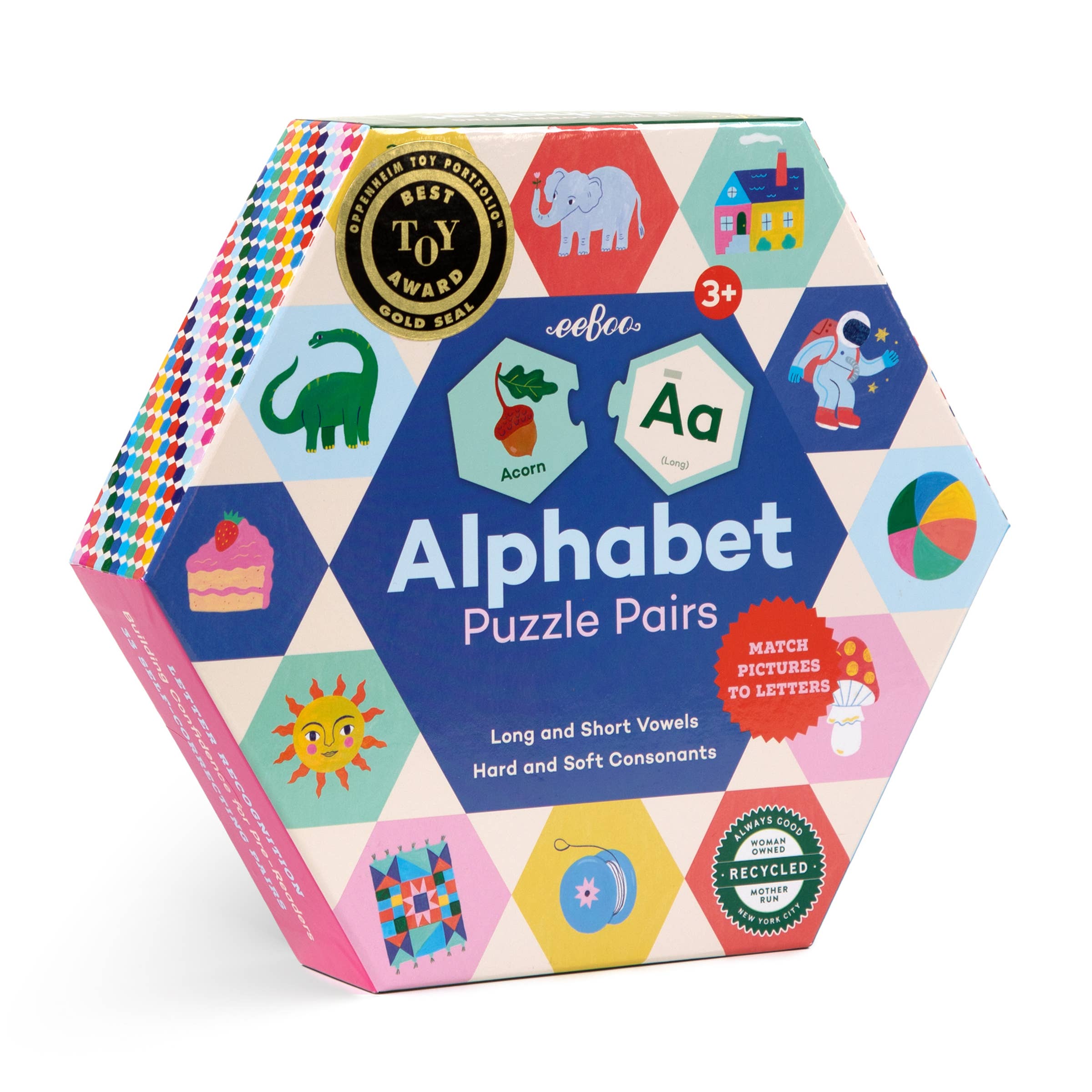 Alphabet Hexagon Puzzle Pairs box with colorful hexagonal phonics puzzle pieces designed to support early reading skills for kids
