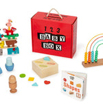 Collection of educational toys with a red '123 Baby Box' on a white background