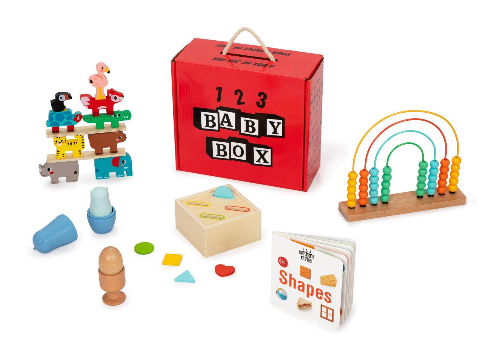 Collection of educational toys with a red '123 Baby Box' on a white background