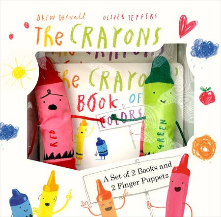 Crayons board book and finger puppet gift set featuring colorful puppets and two early learning board books about colors and numbers