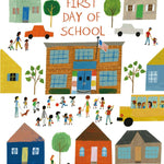 Book cover of 'School's First Day of School' with illustrations of a school, houses, and children.