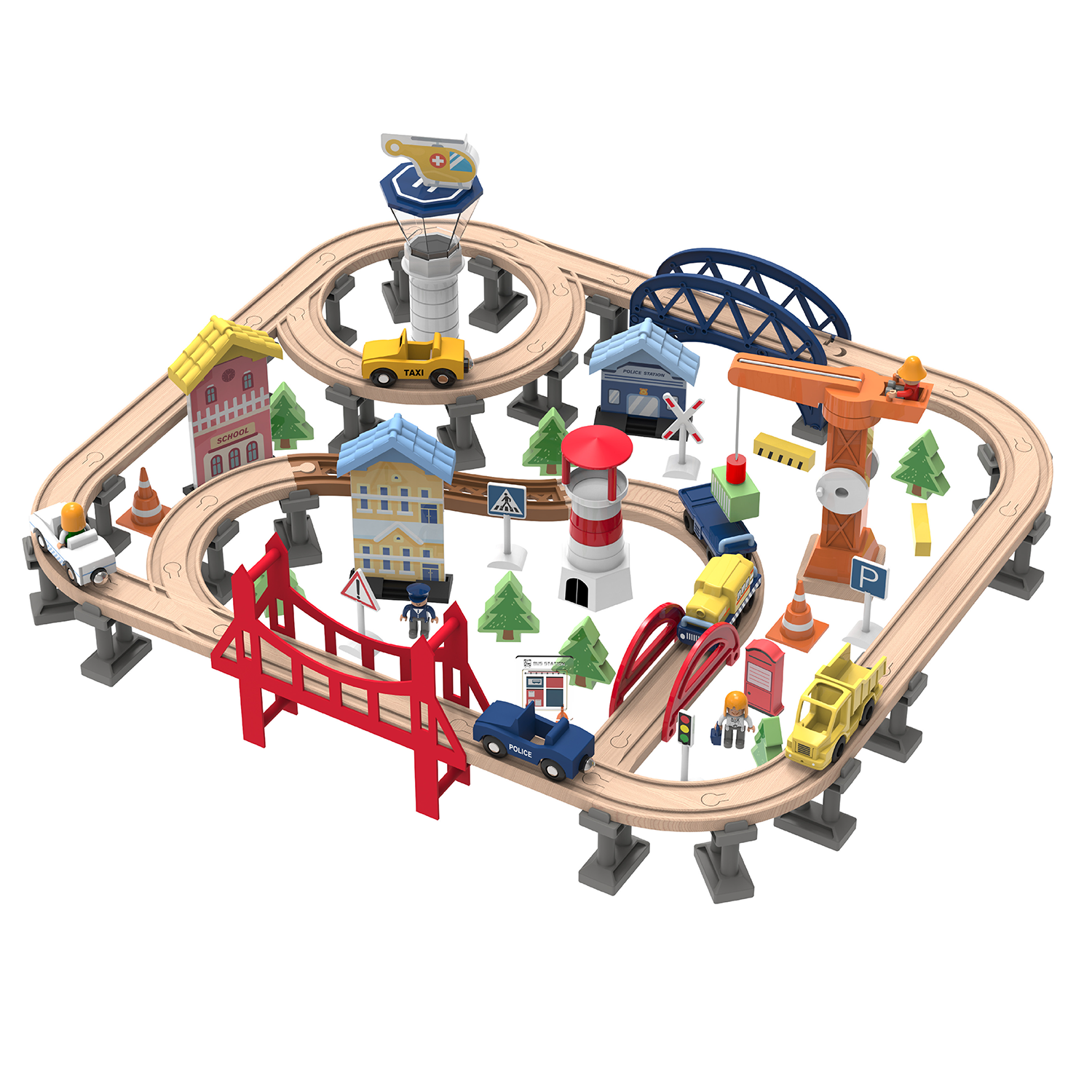 Leo and Friends Railway City wooden train 100 PC set with tracks, buildings, cars, and colorful accessories arranged in a city layout