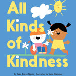 Book cover of 'All Kinds of Kindness' with two children and a dog on a blue background