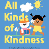 Book cover of 'All Kinds of Kindness' with two children and a dog on a blue background