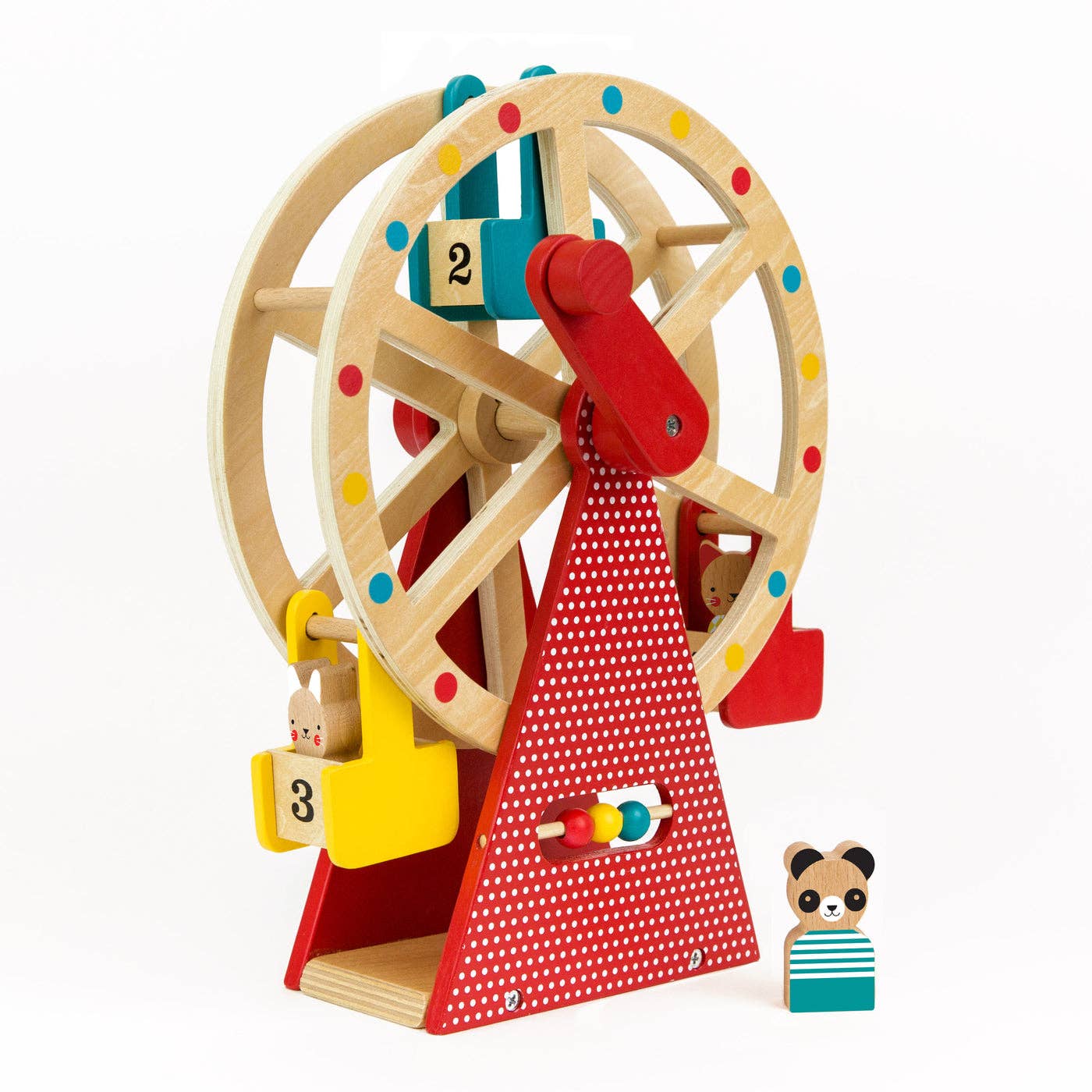 Wooden Ferris wheel toy with three colorful animal figures in carts, a spinning crank handle, and a wooden bead abacus on the base; made with sustainable materials and printed in soft, water-based paints.