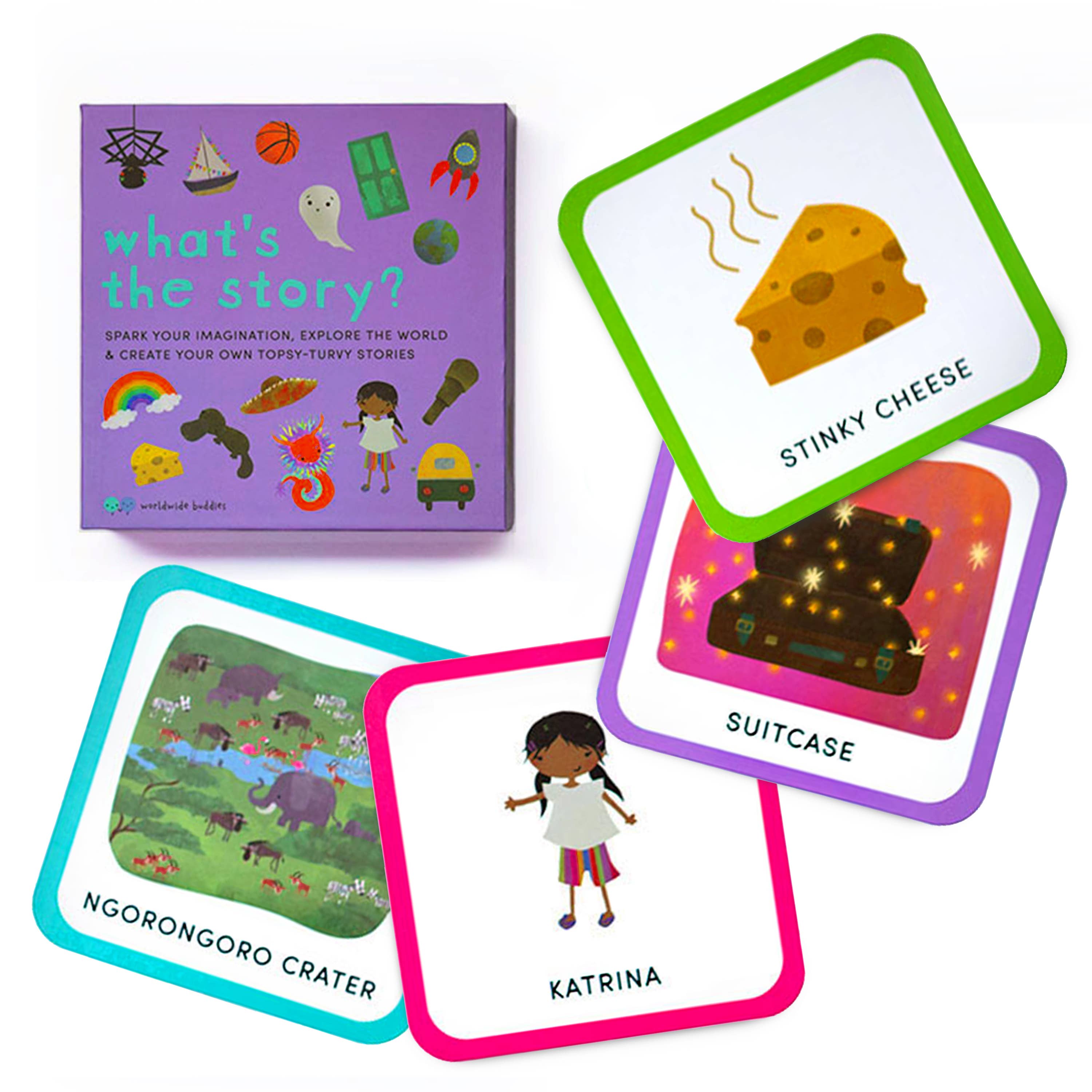 What’s the Story? storytelling game for kids featuring 60 multicultural story cards with images of people, places, objects, and phrases to spark imagination