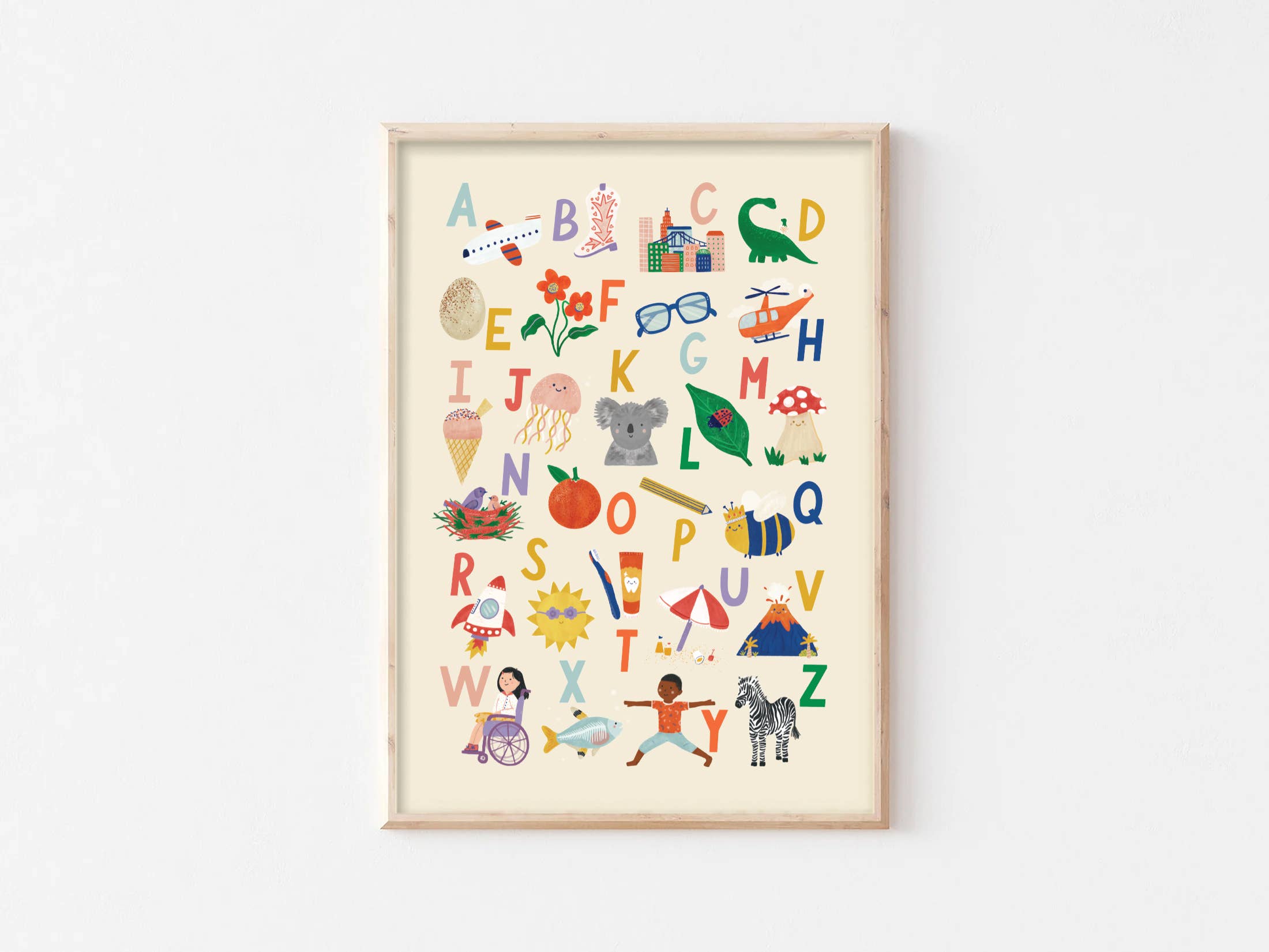 A–Z modern alphabet print featuring colorful illustrated letters and objects, designed by Lauren Sissons Studio for kids’ wall art