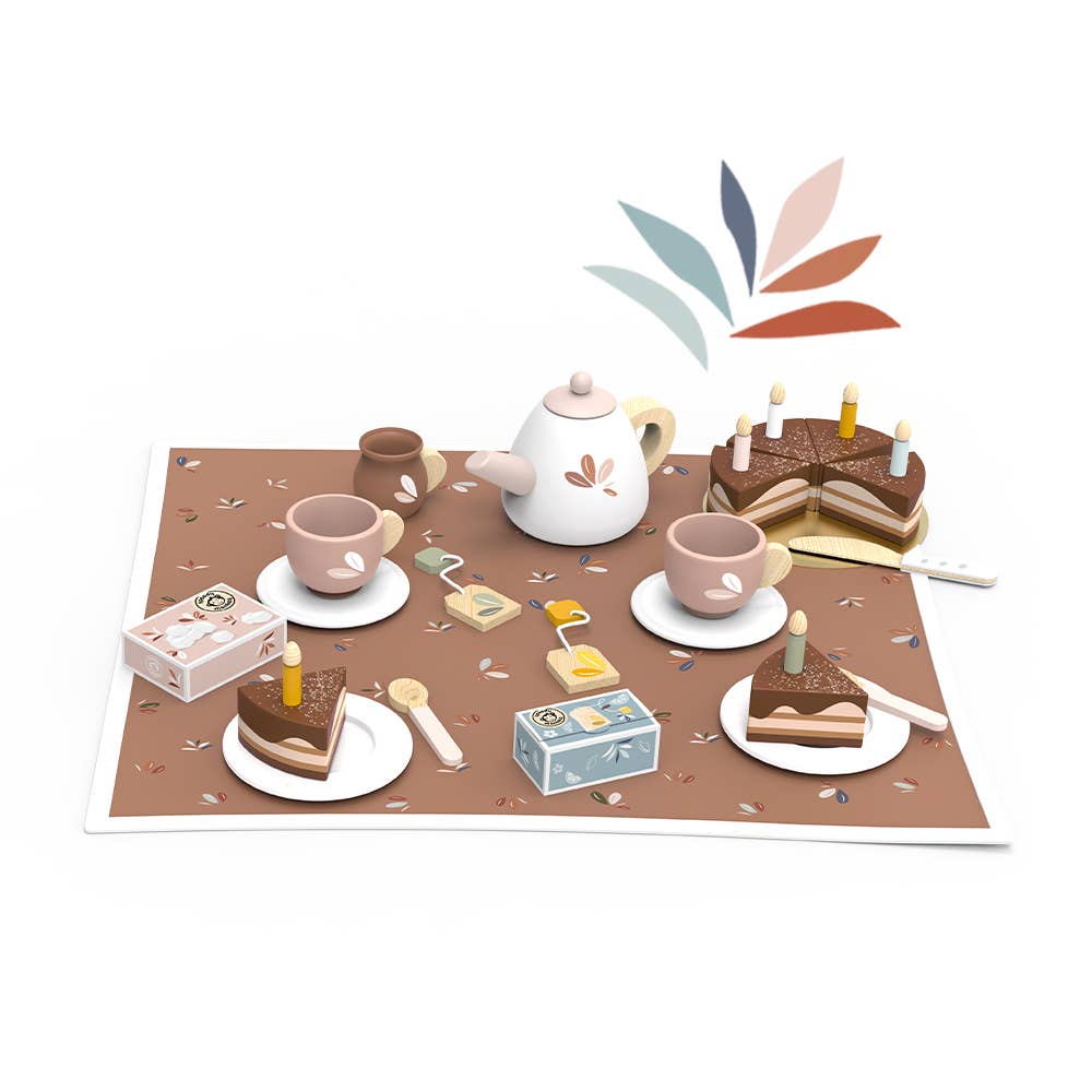 Colorful wooden birthday tea set with cups, teapot, treats, and accessories on a play tray; made from FSC®-certified wood for imaginative pretend play.