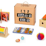 Collection of wooden toys for babies including a book, puzzle, and ball, with a '123 Baby Box' packaging.
