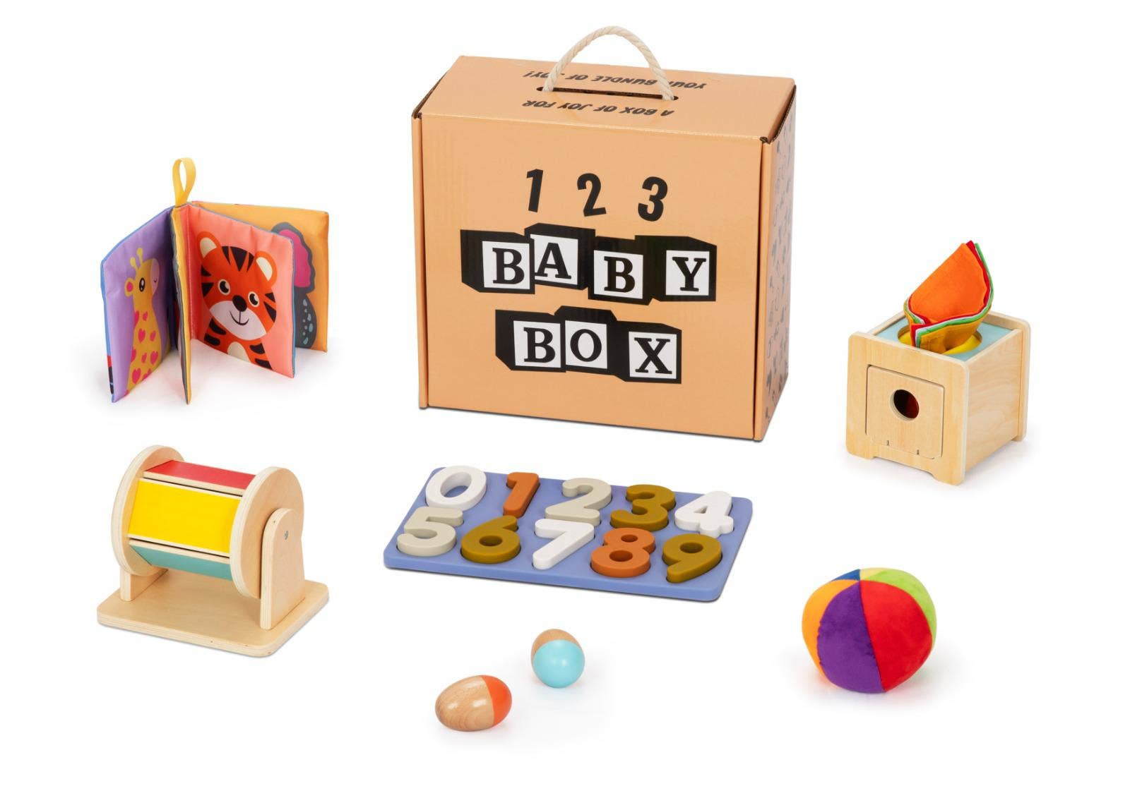 Collection of wooden toys for babies including a book, puzzle, and ball, with a '123 Baby Box' packaging.