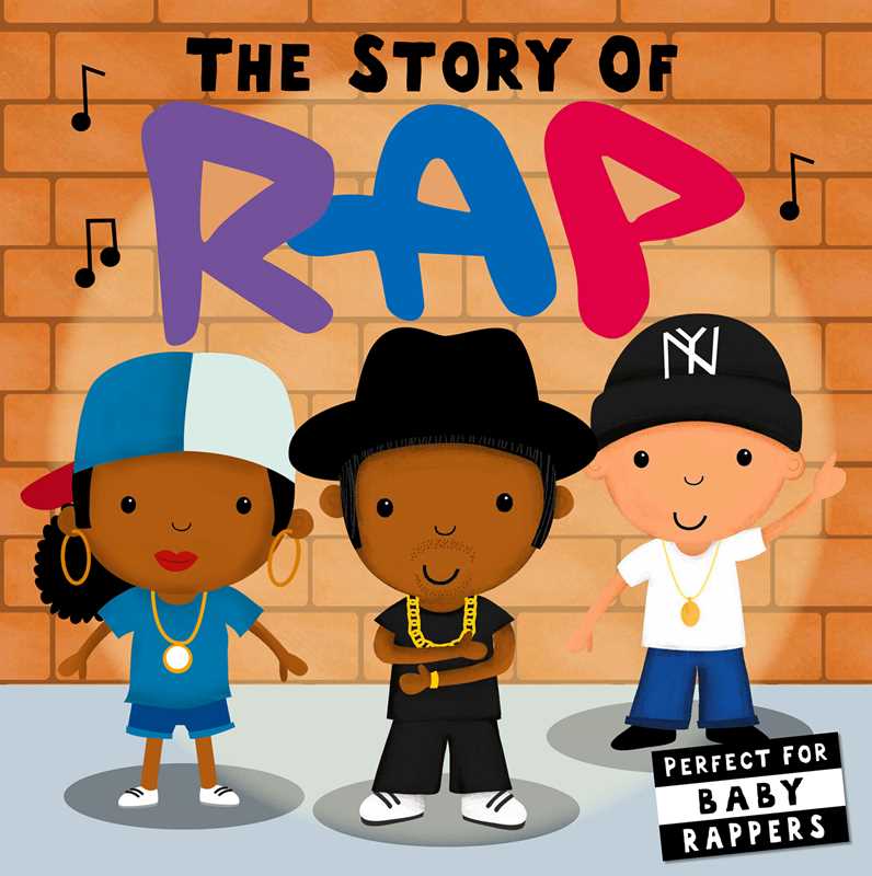 Book cover of 'The Story of Rap' with cartoon characters and colorful text against a brick wall background.