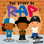 Book cover of 'The Story of Rap' with cartoon characters and colorful text against a brick wall background.