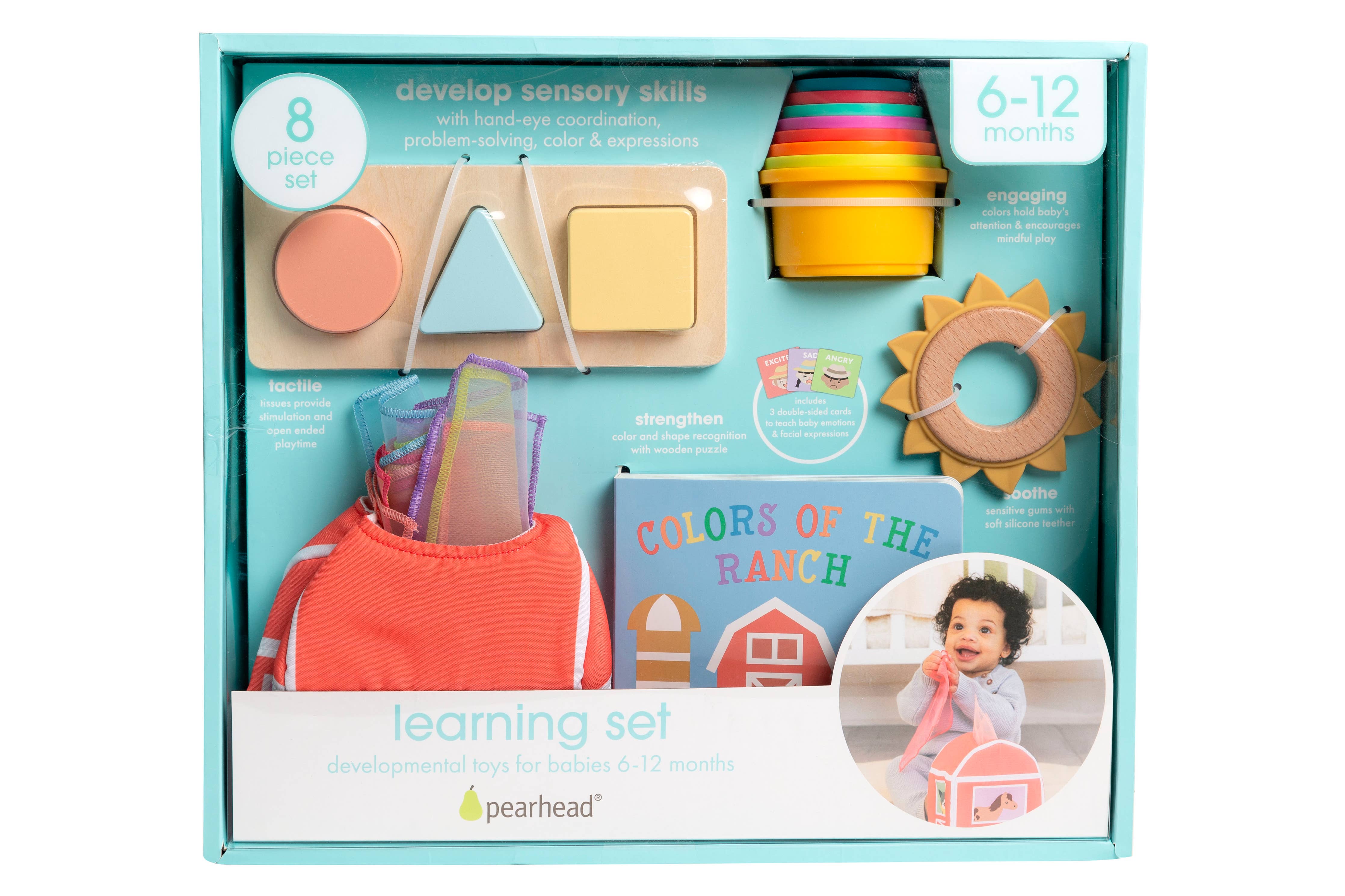 8-piece Montessori learning kit for babies with a plush tissue box toy, wooden teether, book, flashcards, puzzle, and stacking cups in soft, natural tones