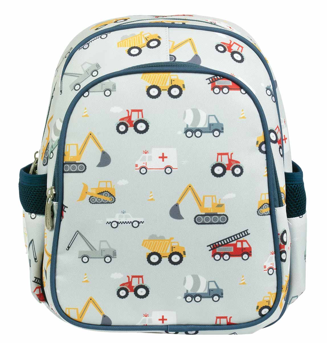 Children's backpack with construction vehicle pattern on a light blue background