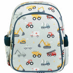 Children's backpack with construction vehicle pattern on a light blue background