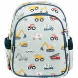 Children's backpack with construction vehicle pattern on a light blue background