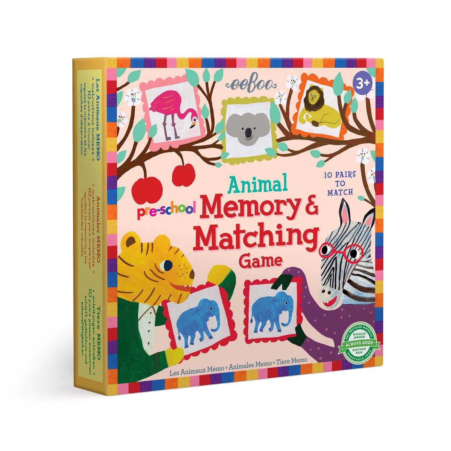 eeBoo Pre-School Animal Memory & Matching Game box featuring animal illustrations and large scalloped memory tiles for young children