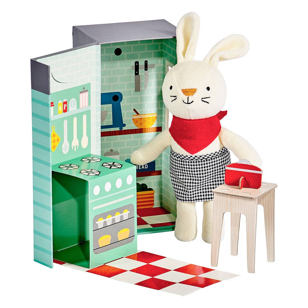 Rubie the Rabbit Animal Play Set with plush rabbit, 3D pop-out kitchen scene, and mini recipe book craft by Petit Collage