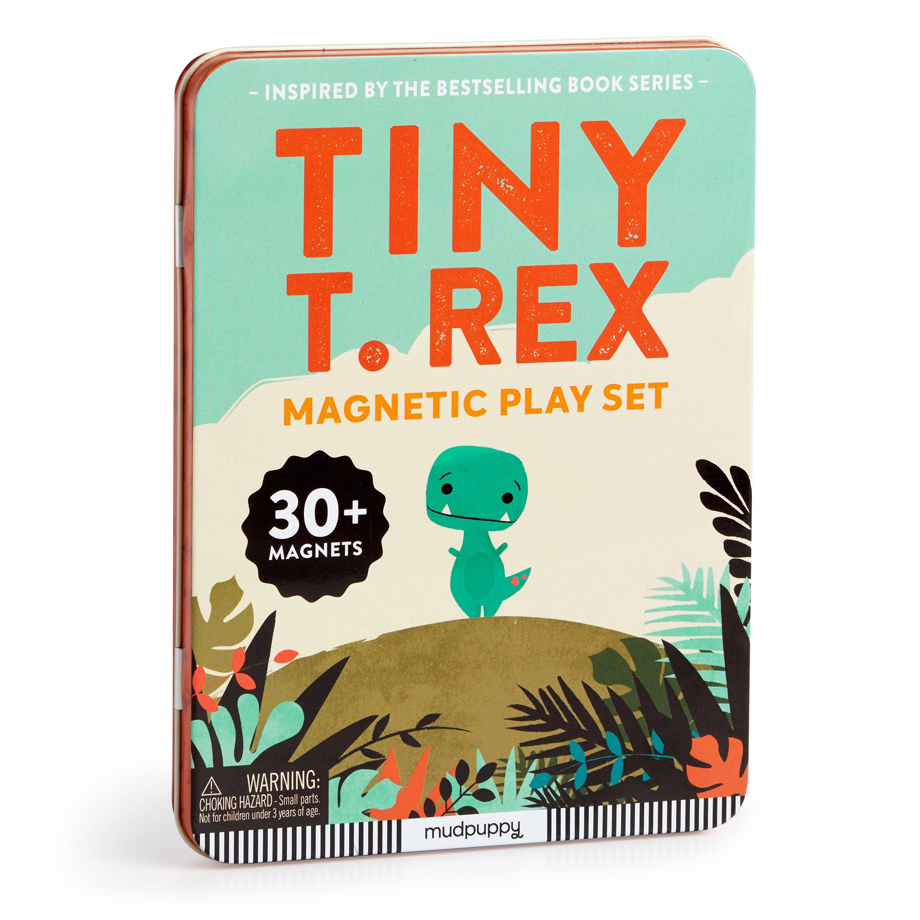 Tiny T.Rex Magnetic Play Set featuring a smiling dinosaur character with colorful mix-and-match clothing and accessories, surrounded by magnetic pieces for imaginative storytelling.