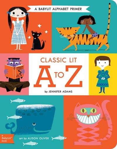 Classic Lit A to Z baby board book cover featuring colorful letters and author-inspired illustrations on a white background