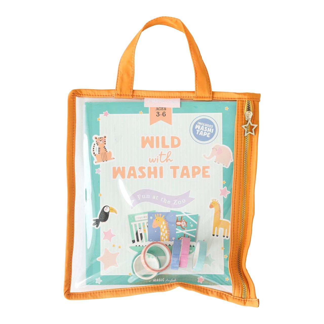 Wild with Washi Tape: Fun at the Zoo kids activity kit with washi tape rolls, colorful activity pages, and a zippered travel pouch featuring animal designs