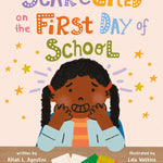 Book cover of 'ScareGited on the First Day of School' with a child holding their head and school supplies.