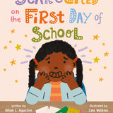 Book cover of 'ScareGited on the First Day of School' with a child holding their head and school supplies.