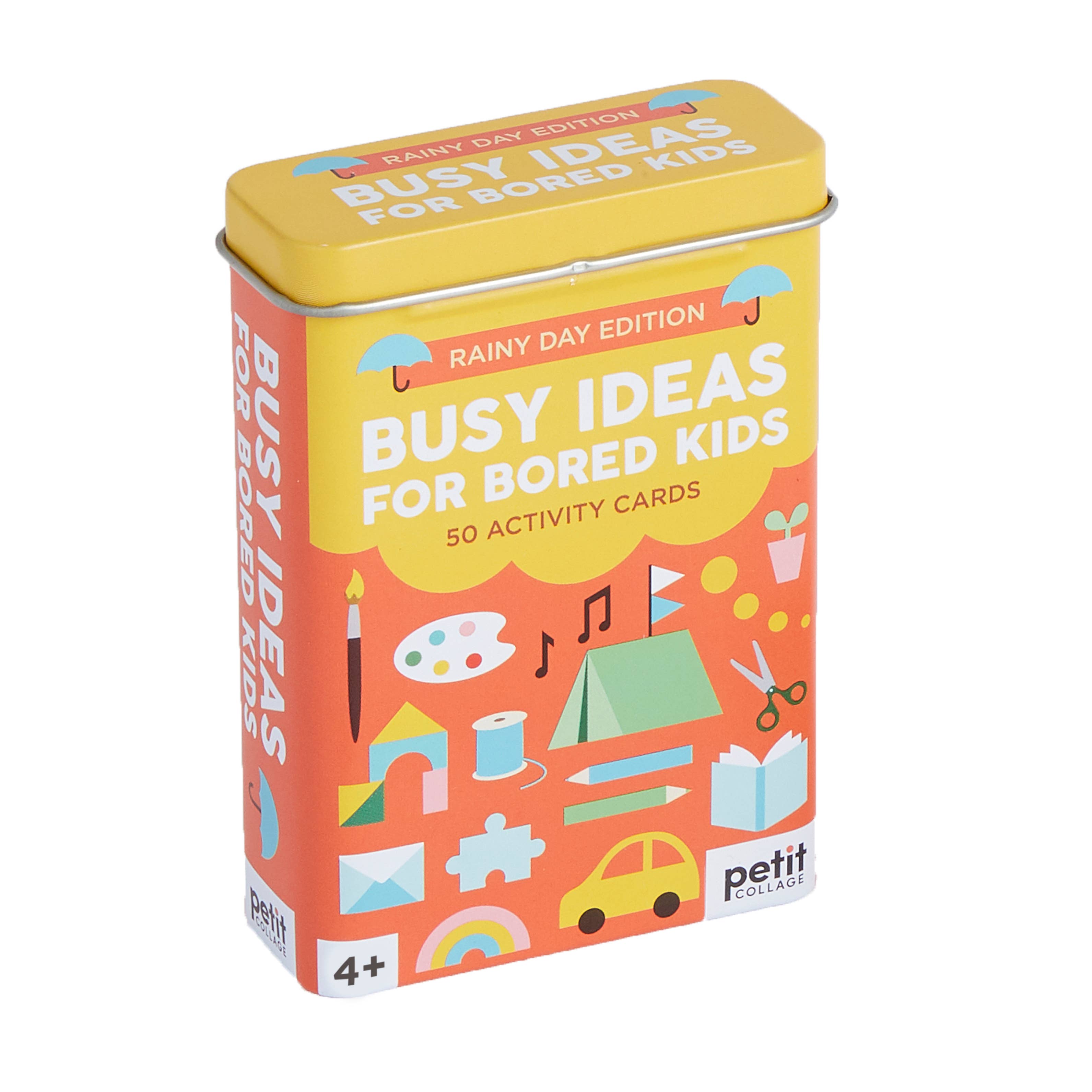 Busy Ideas for Bored Kids: Rainy Day Edition tin with 50 colorful indoor activity cards for children ages 4 and up