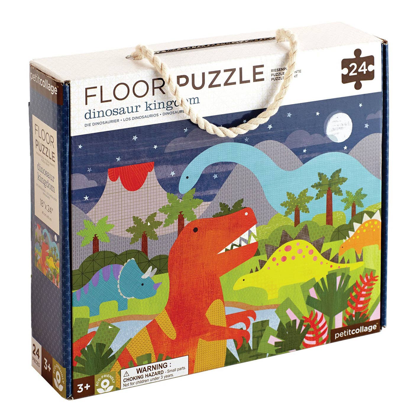 Dinosaur Kingdom 24-piece floor puzzle with colorful prehistoric scene, large puzzle pieces, and carrying box with rope handle