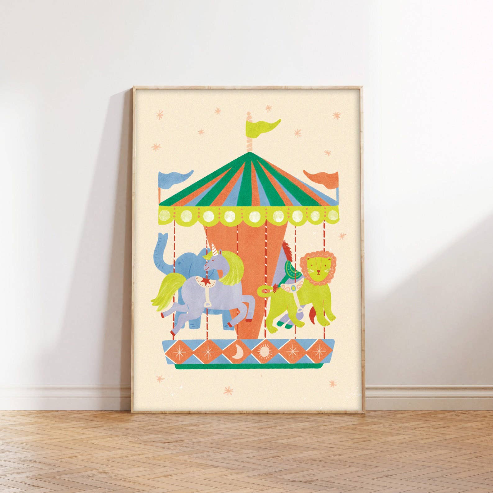 Vintage-style carousel art print featuring elephant, unicorn, and lion on a ride, illustrated by Lauren Sissons Studio for kids’ wall art
