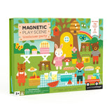 Colorful magnetic play scene with forest animals and treehouse background, featuring over 70 reusable magnets and a foldable easel-style box for easy storage.
