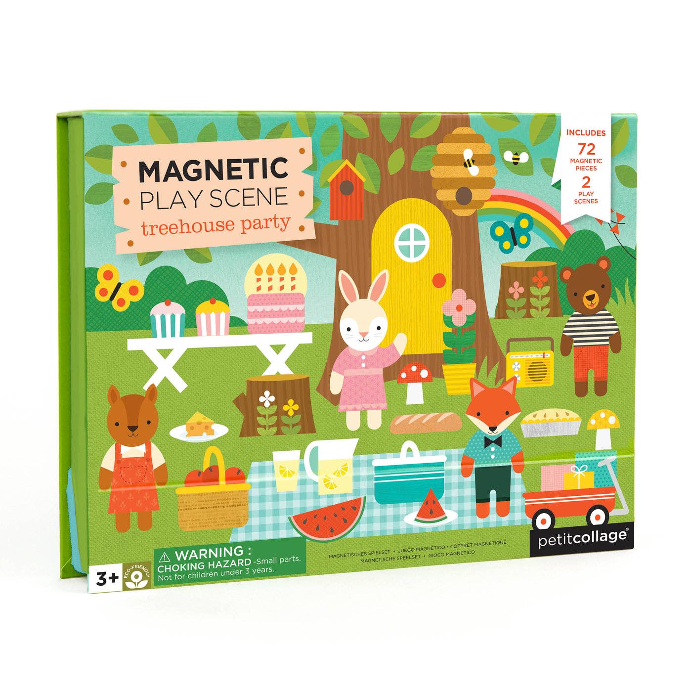Colorful magnetic play scene with forest animals and treehouse background, featuring over 70 reusable magnets and a foldable easel-style box for easy storage.