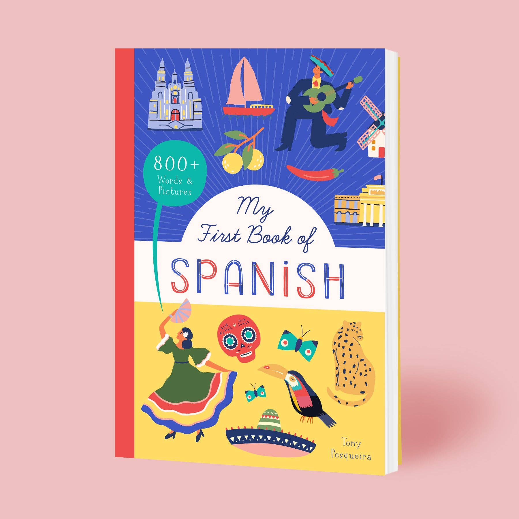 Cover of My First Book of Spanish, featuring colorful cartoon-style illustrations and bold lettering, designed to engage children in early Spanish language learning.