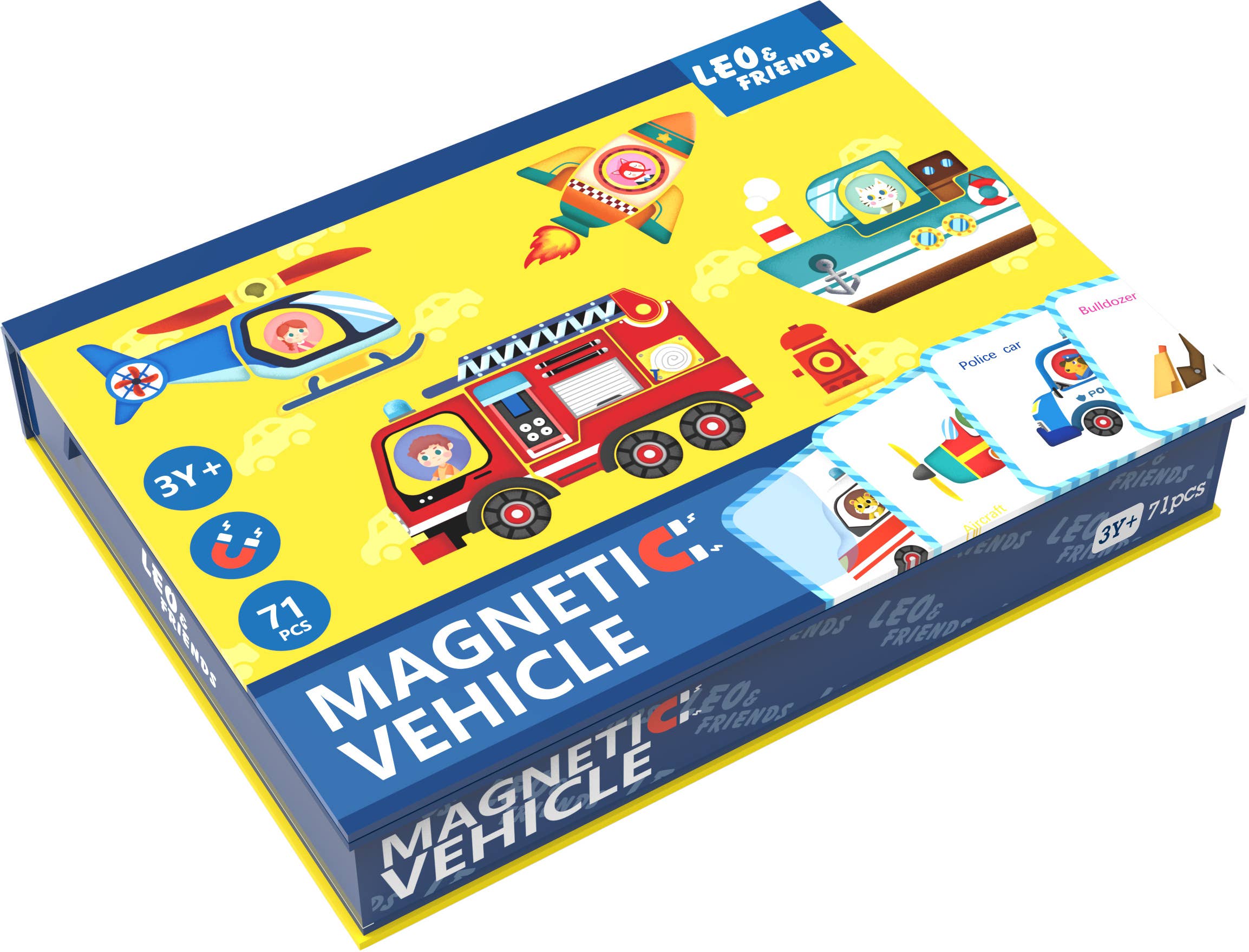 Leo & Friends 71-piece magnetic transportation playset with colorful magnetic tiles, vehicles, roads, and traffic signs arranged for imaginative city play
