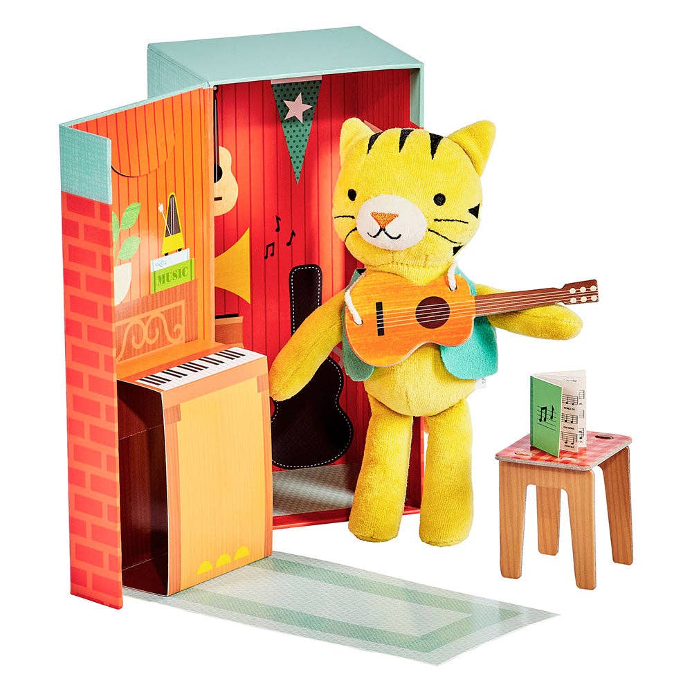 Theodore the Tiger Animal Play Set with plush tiger, 3D music room furniture, fold-out play scene, and mini music book craft by Petit Collage