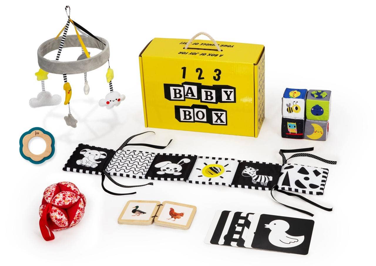 Baby product set including a yellow box labeled '123 Baby Box', toys, and educational items on a white background.