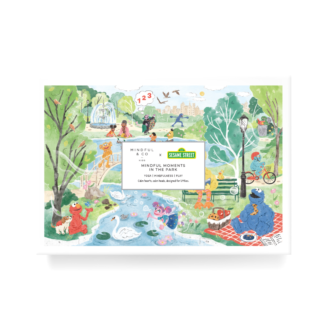 Mindful Moments with Sesame Street floor puzzle showing Elmo and friends in Central Park with nature-themed stickers and calming illustrations