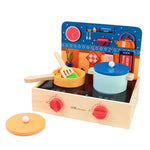 Mini wooden kitchen play set with 15 pieces, including a stovetop, cooking utensils, and wooden food items for pretend play; designed for toddler chefs ages 3 and up.